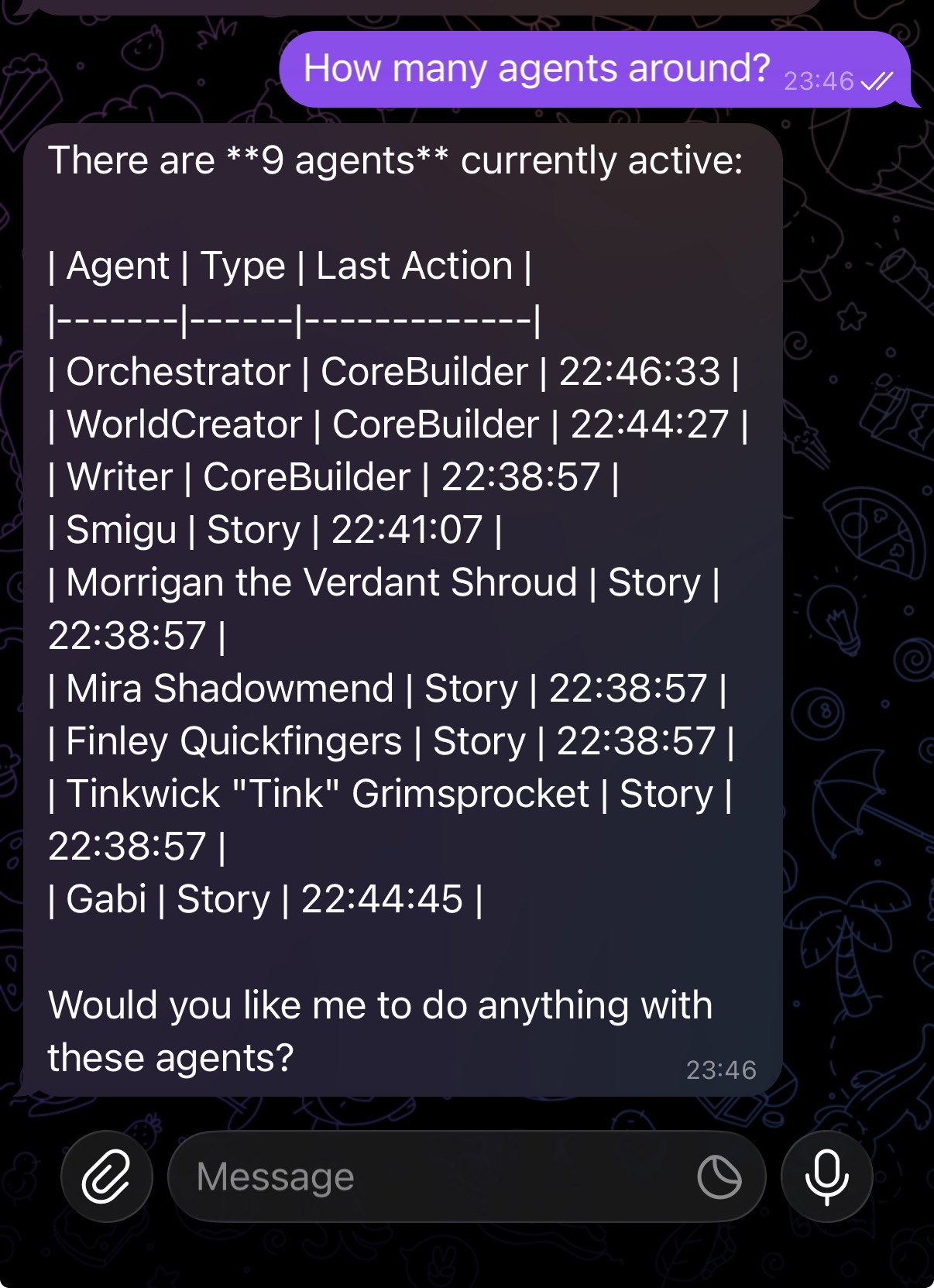 MAGE Telegram demo — Tale of Everything agents
